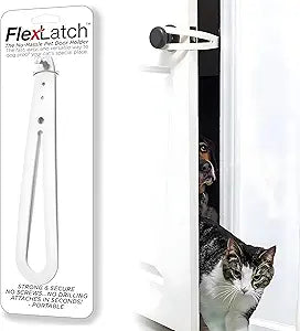 Cat Door Holder Latch - Bright White Cat Door Alternative Installs Fast Flex Latch Strap Let's Cats in and Keeps Dogs Out of Litter & Food. Safe Baby Proof One Piece No Measuring Extra Easy